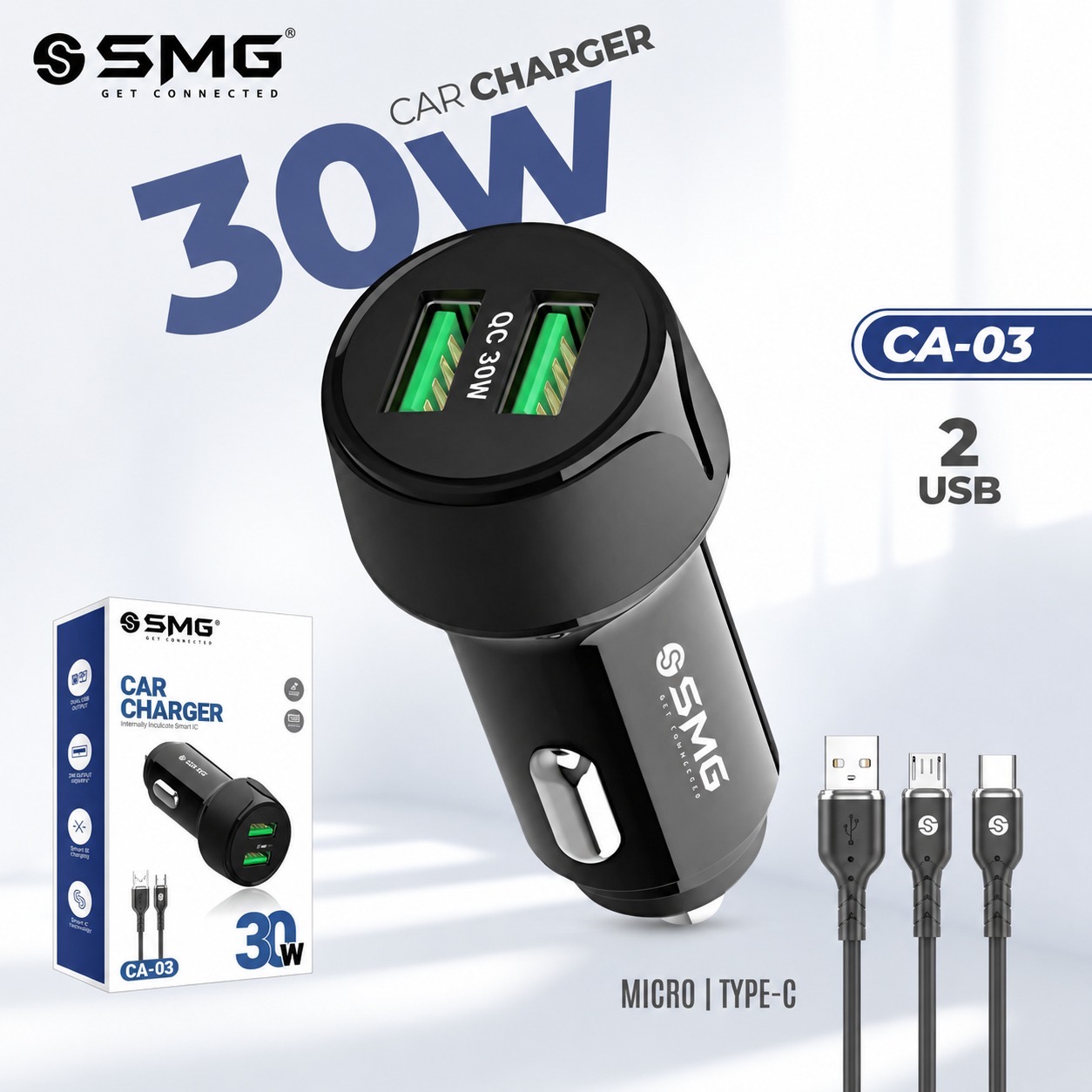 SMG CA03 30W Type c Dual Usb Car Charger