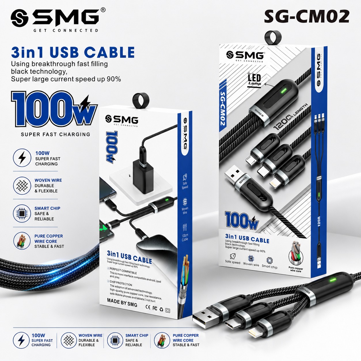 SMG CM02 3in1 Cable 100W With Led