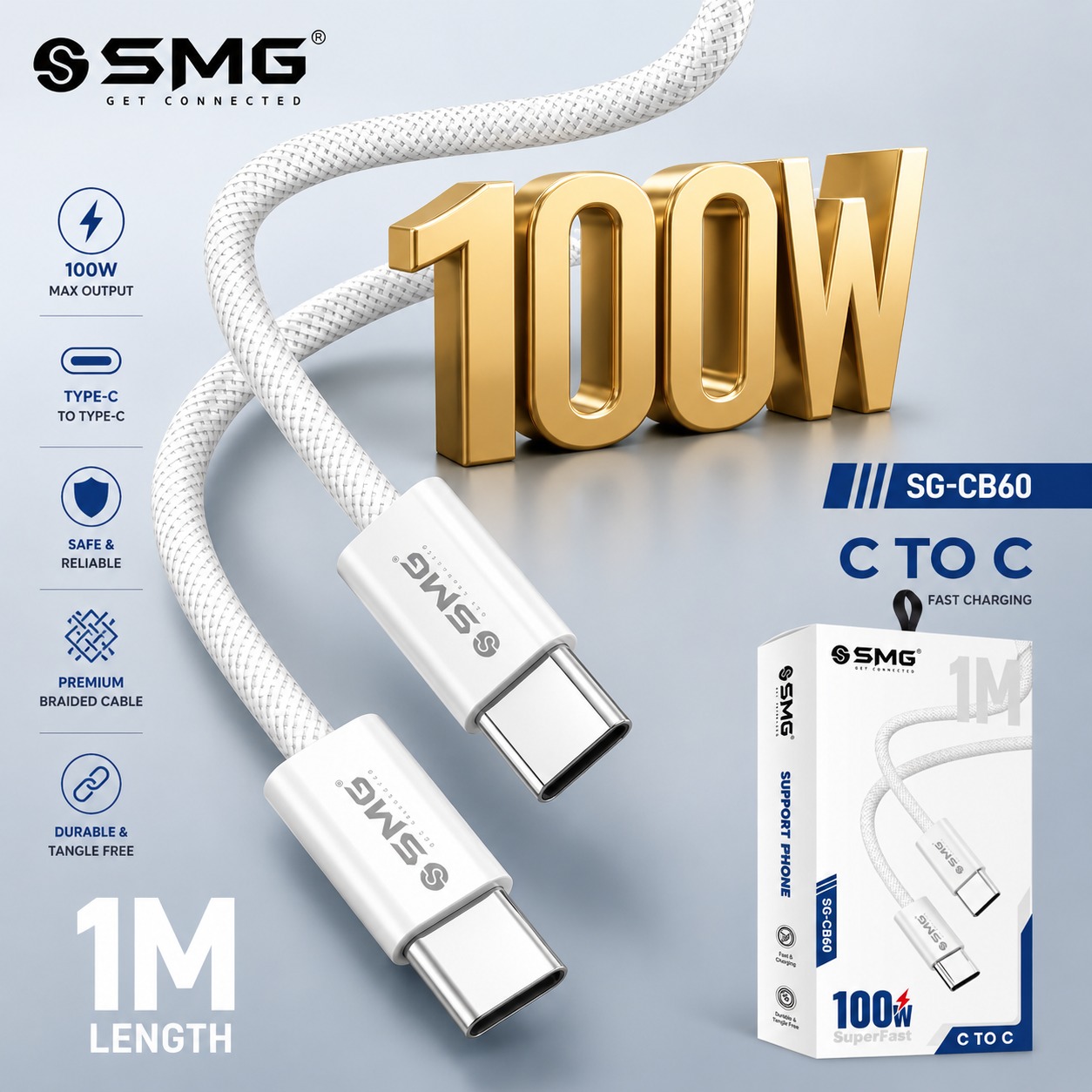 SMG CB60 Type c To Type c 100W Cable 1 Year Warranty