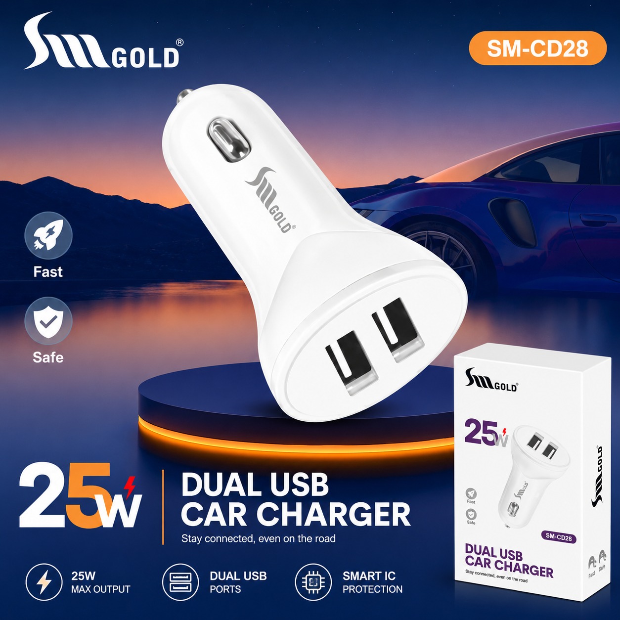 SM Gold CD28 25W Micro V8 Car Charger
