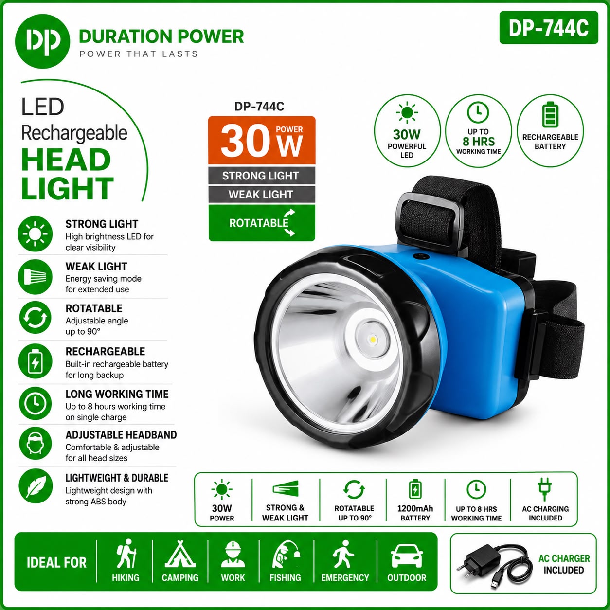 DP-744C Rechargeable LED Head Light Torch 🔦
