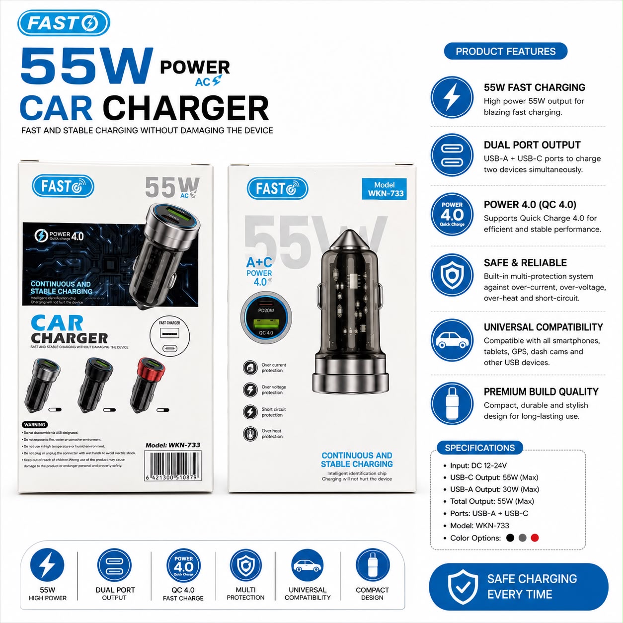 Wkn 733 FAST 50W PD Car Charger Adafter (A+C Fast Output)