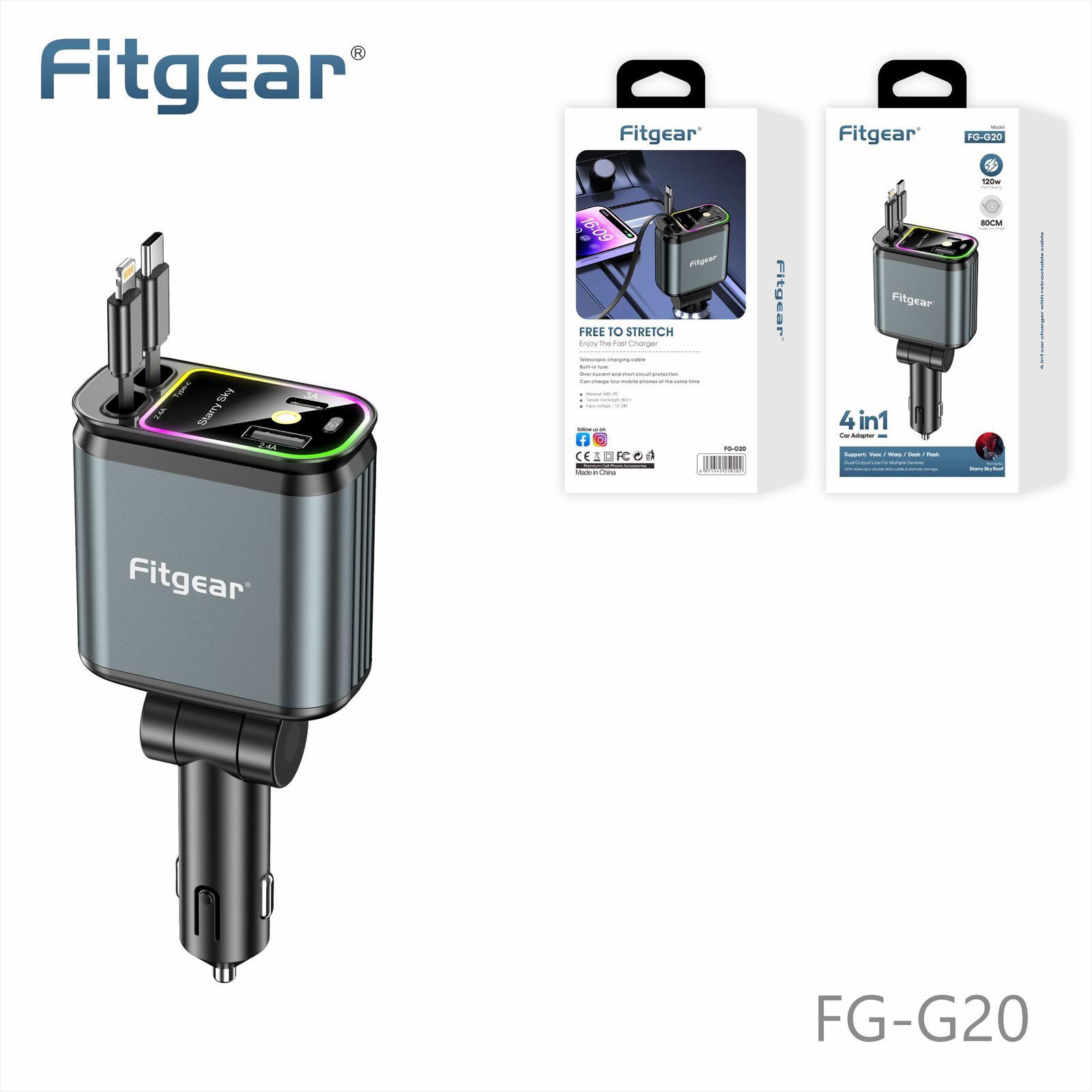 Fitgear G20 120W 4IN1 Car Charger With Led