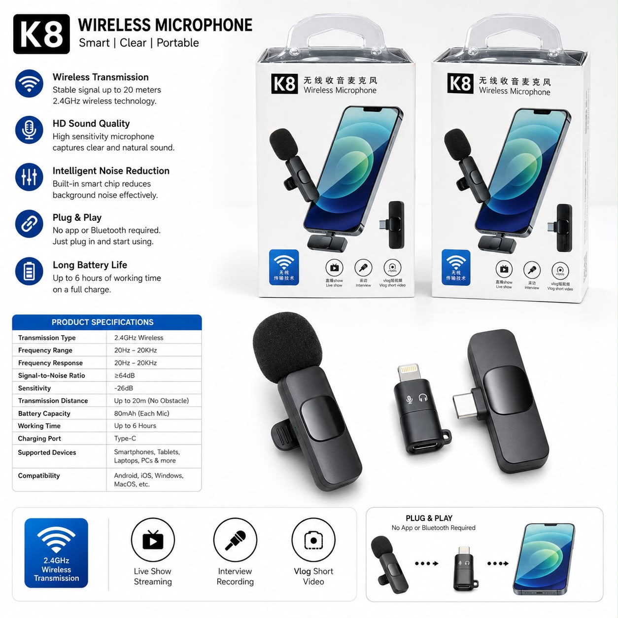 K8 Wireless Microphone (Single Mic)