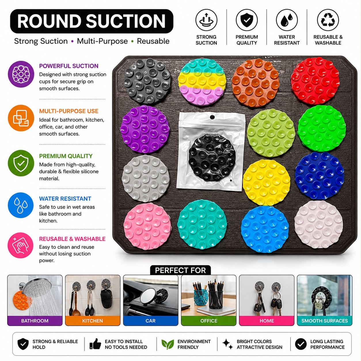 Round  Dual Side Suction Grip Holder Malti Colour