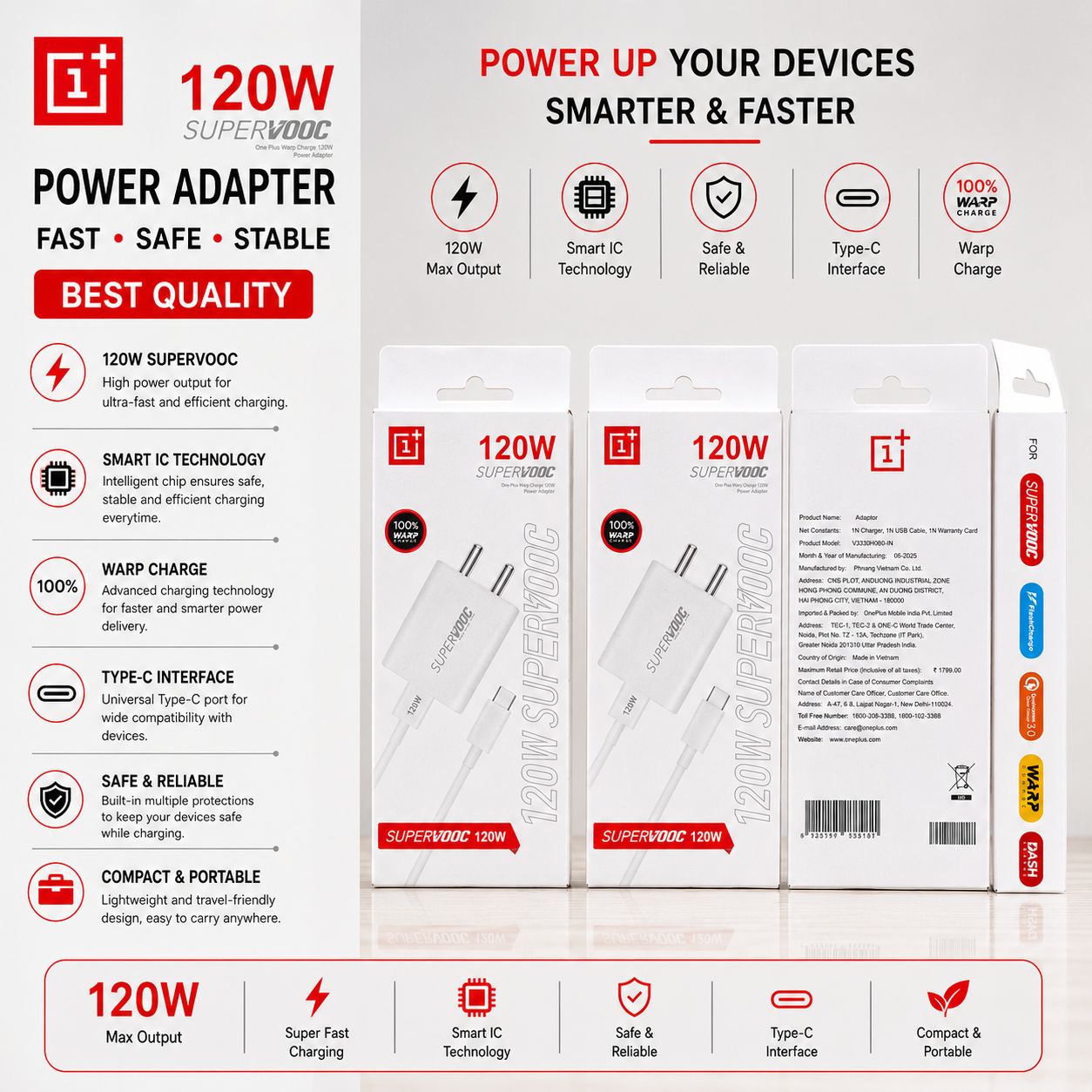 One Plus 120W Turbo Fast Charging Adapter with Type-C Cable