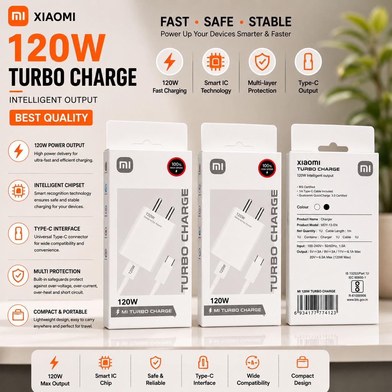 Mi 120W Turbo Fast Charging Adapter with Type-C Cable