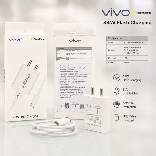 Vivo 44W Flash Charging Adapter with USB Cable