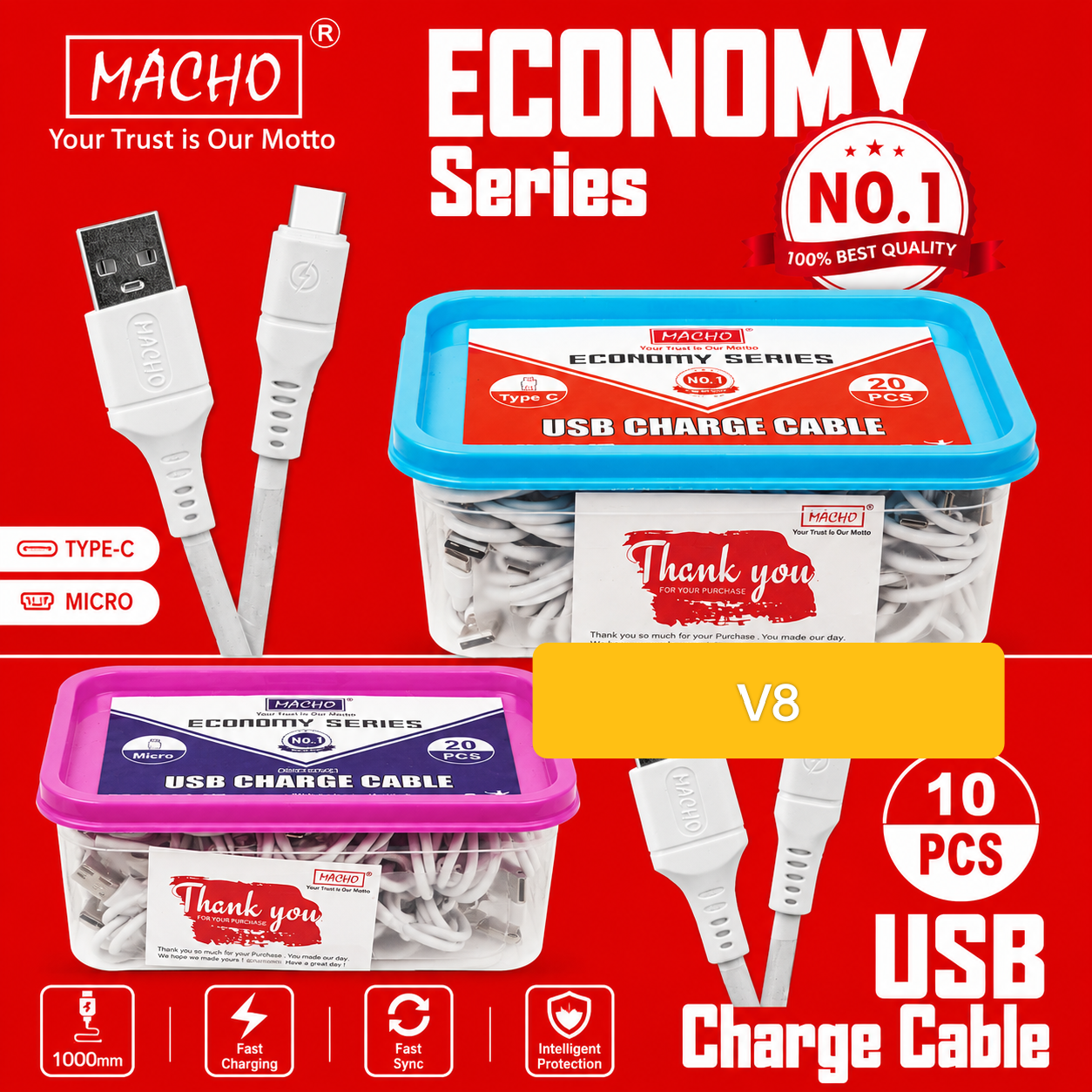 Macho 1Mtr V8 Charger Cable 20pcs pK