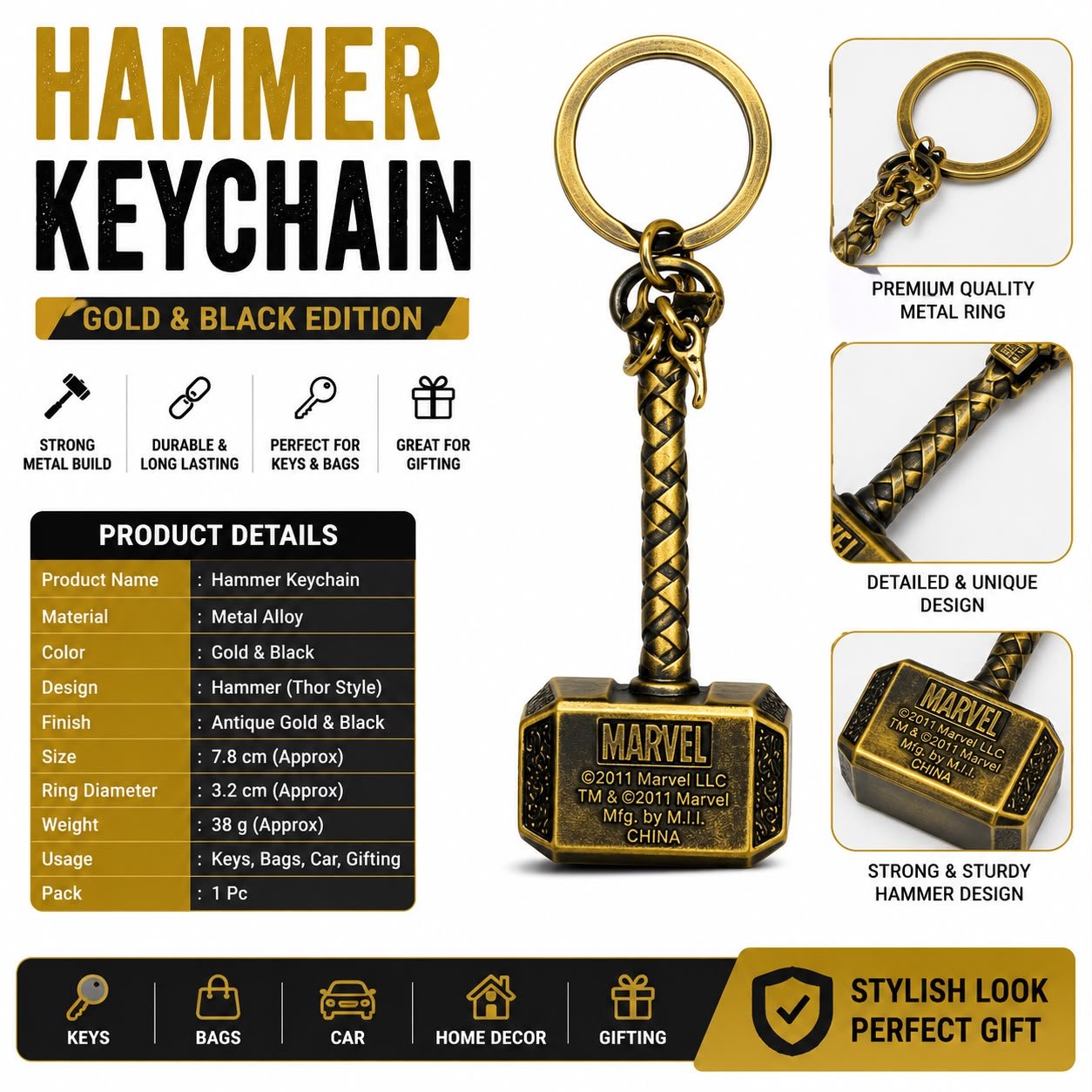 Hammer 🔨 Keychain – Gold & Black Edition