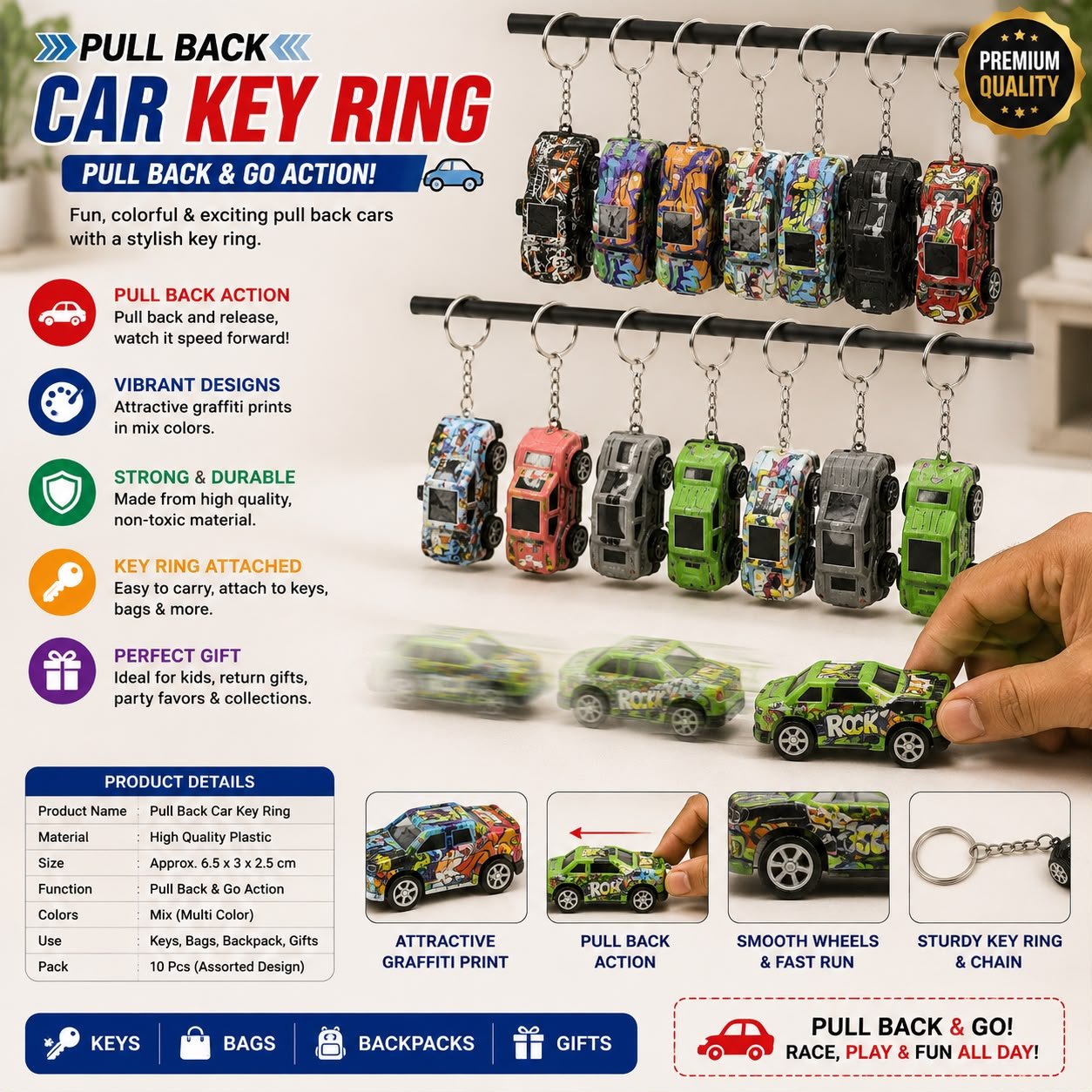 Pull Back Car Key Ring Big Size E10