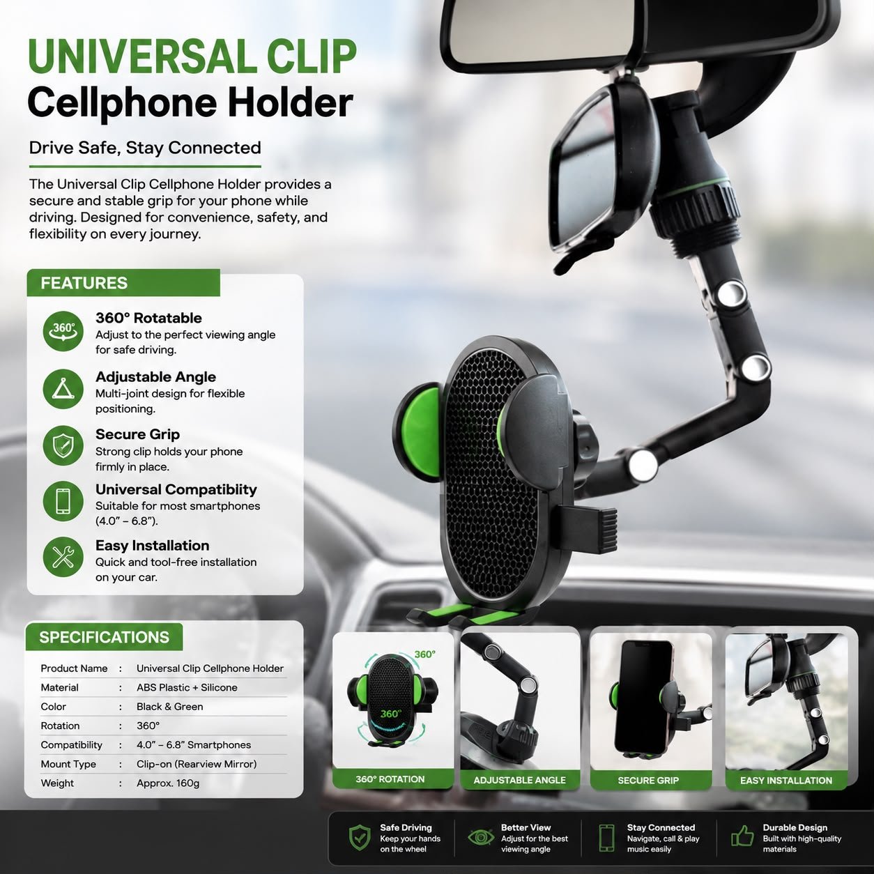 Universal Clip Car Cellphone Holder