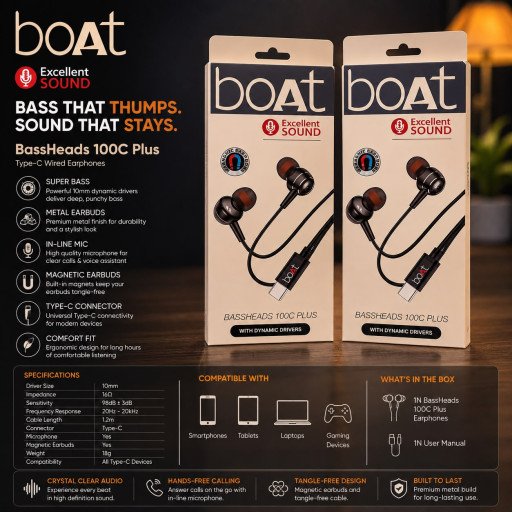 Boat 100C Metal Megnetic Type c Earphone