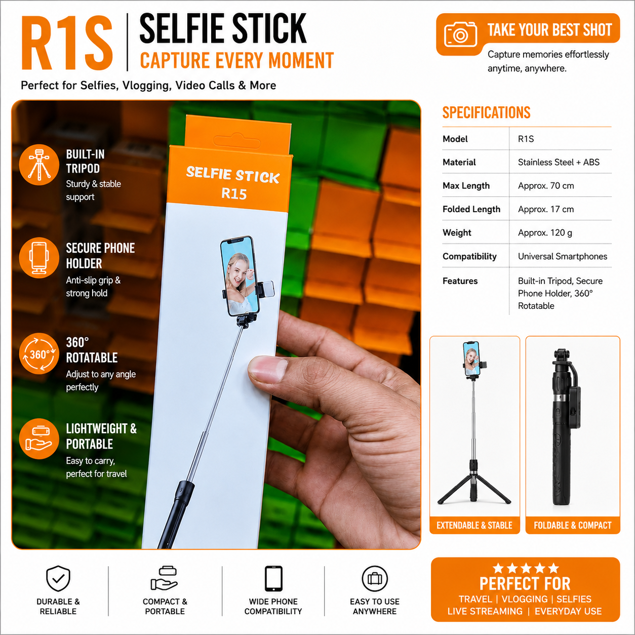 R1S Selfie strick With Light High Quality