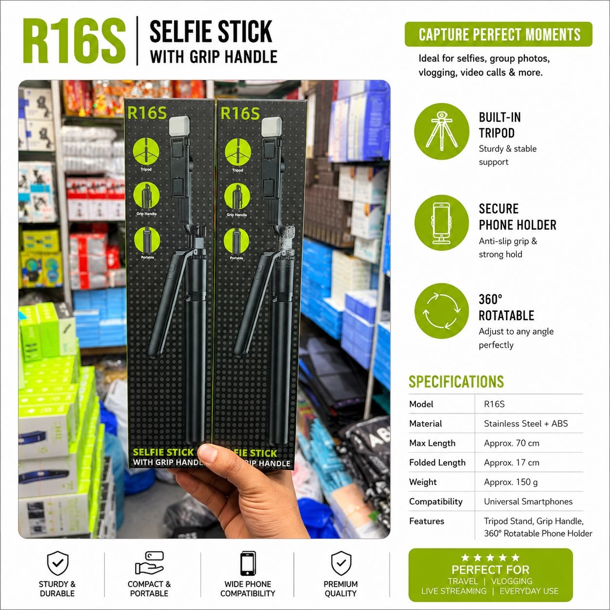 R16S Selfie Stick Tripod with Bluetooth Remote