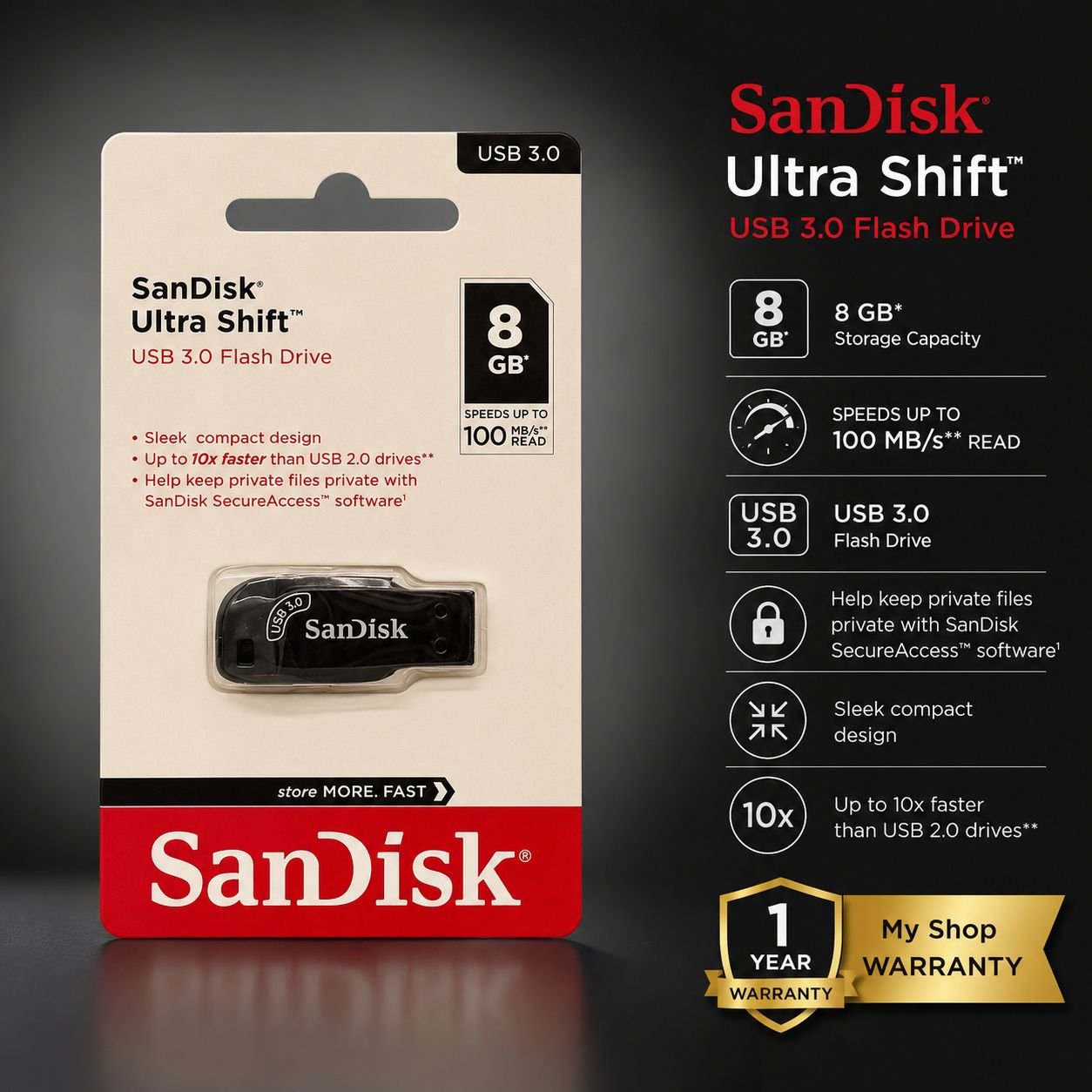 SanDisk 8GB Ultra Shift USB 3.0 Flash Drive(1 Y Warranty)