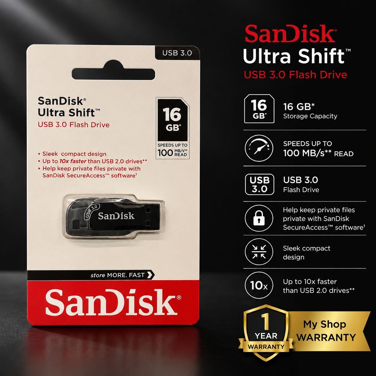 SanDisk 16GB Ultra Shift USB 3.0 Flash Drive (1 Y Warranty)