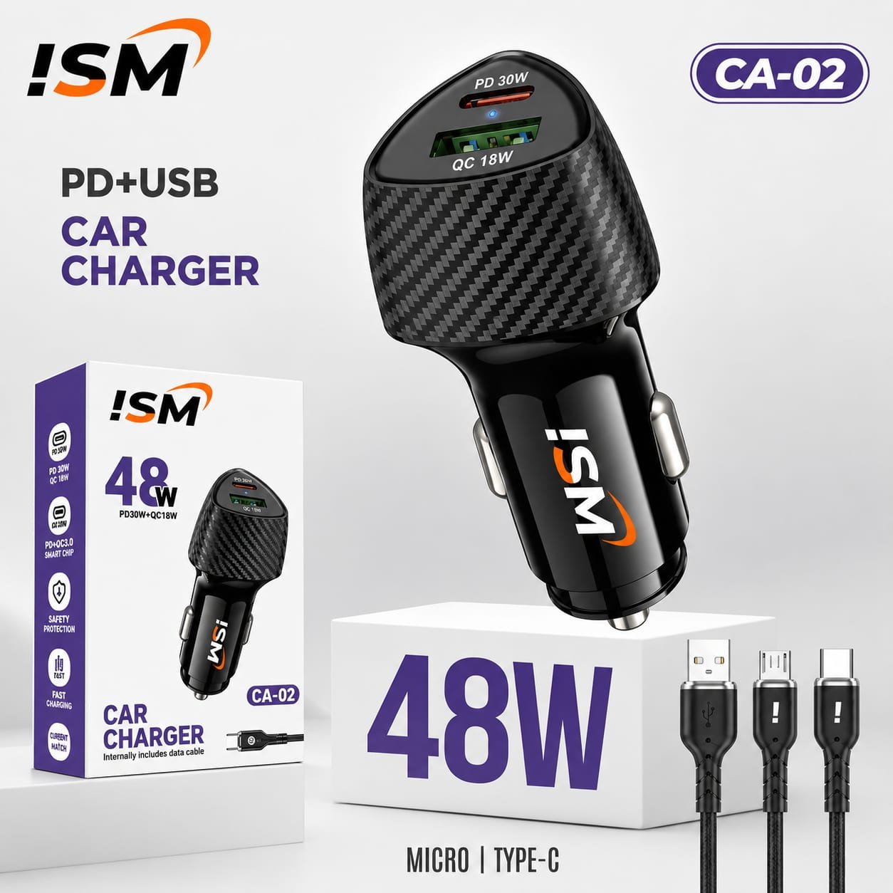 ISM ICA02 Type c 48W Dual PD+ Usb Ports Car Charger