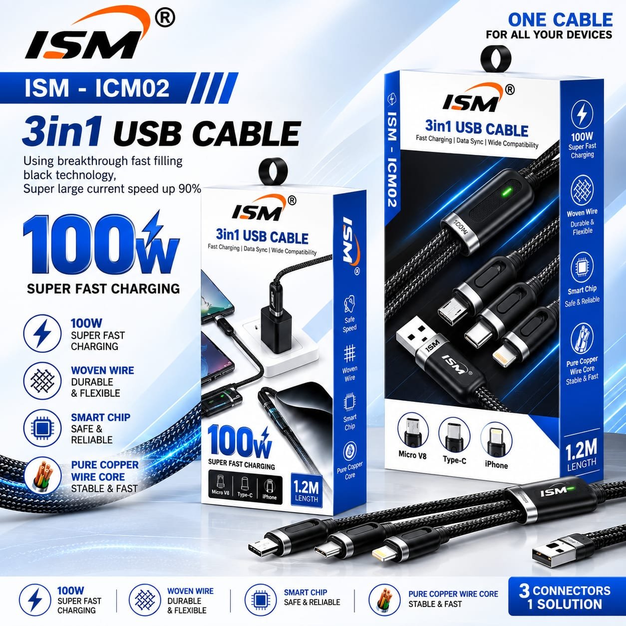 ISM ICM02 3in1 Cable 100W With Led