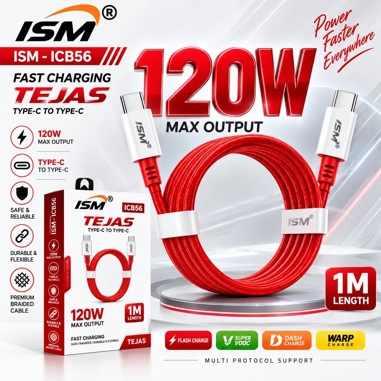 ISM - ICB56 TEJAS 120W Type-C to Type-C Fast Charging Cable 1Y