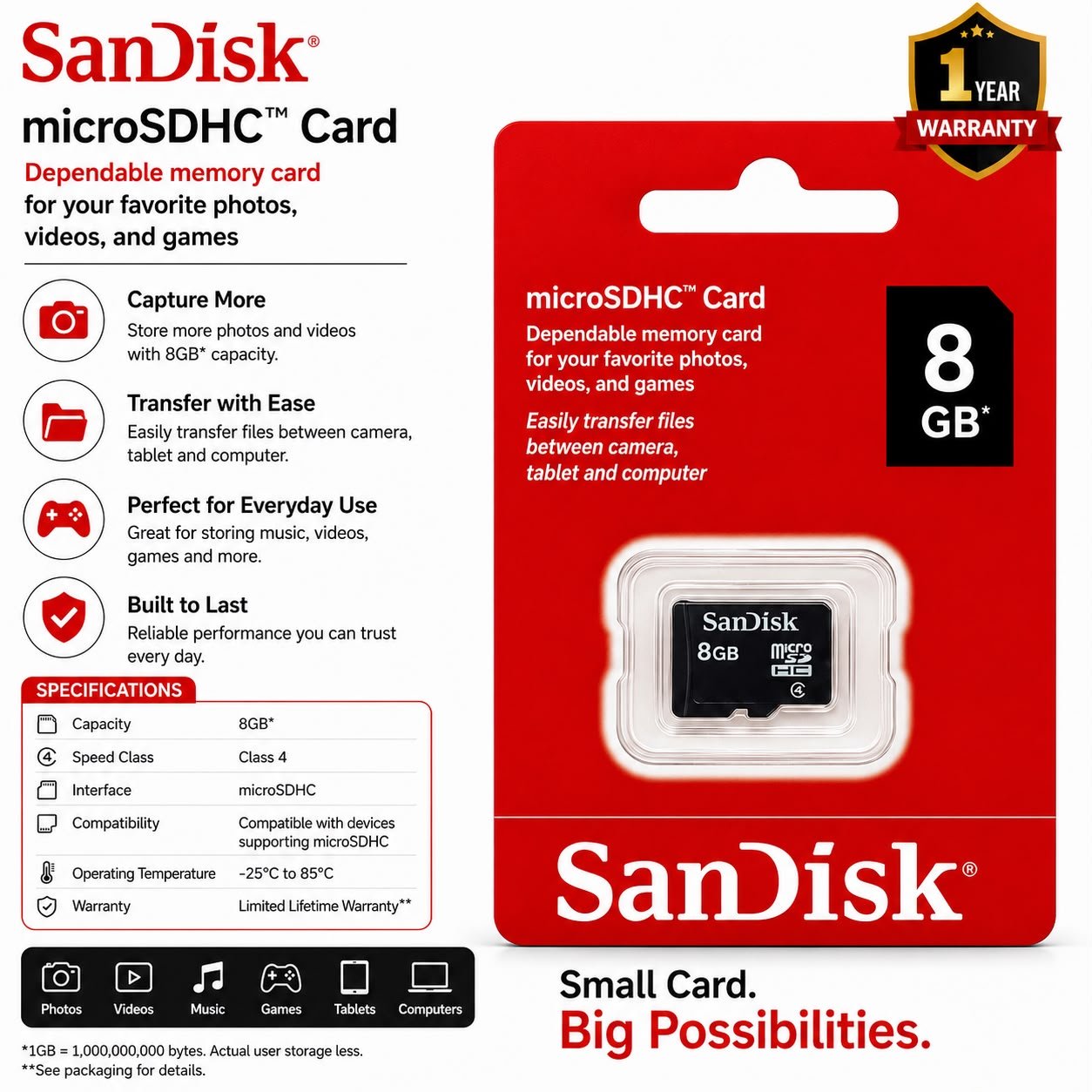 SanDisk 8Gb Memory Card ( 1 year warranty)