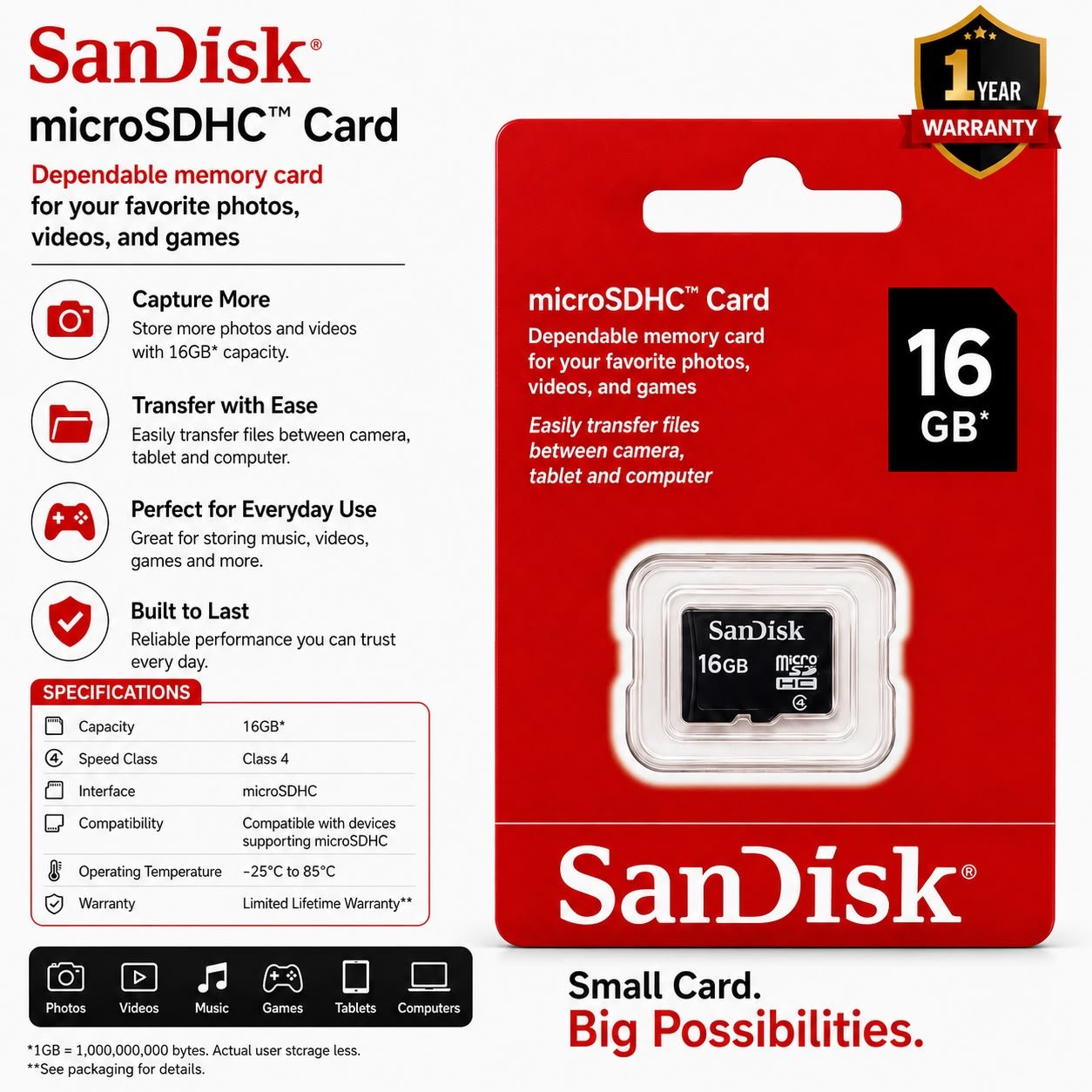 SanDisk 16Gb Memory Card ( 1 Year Warranty)