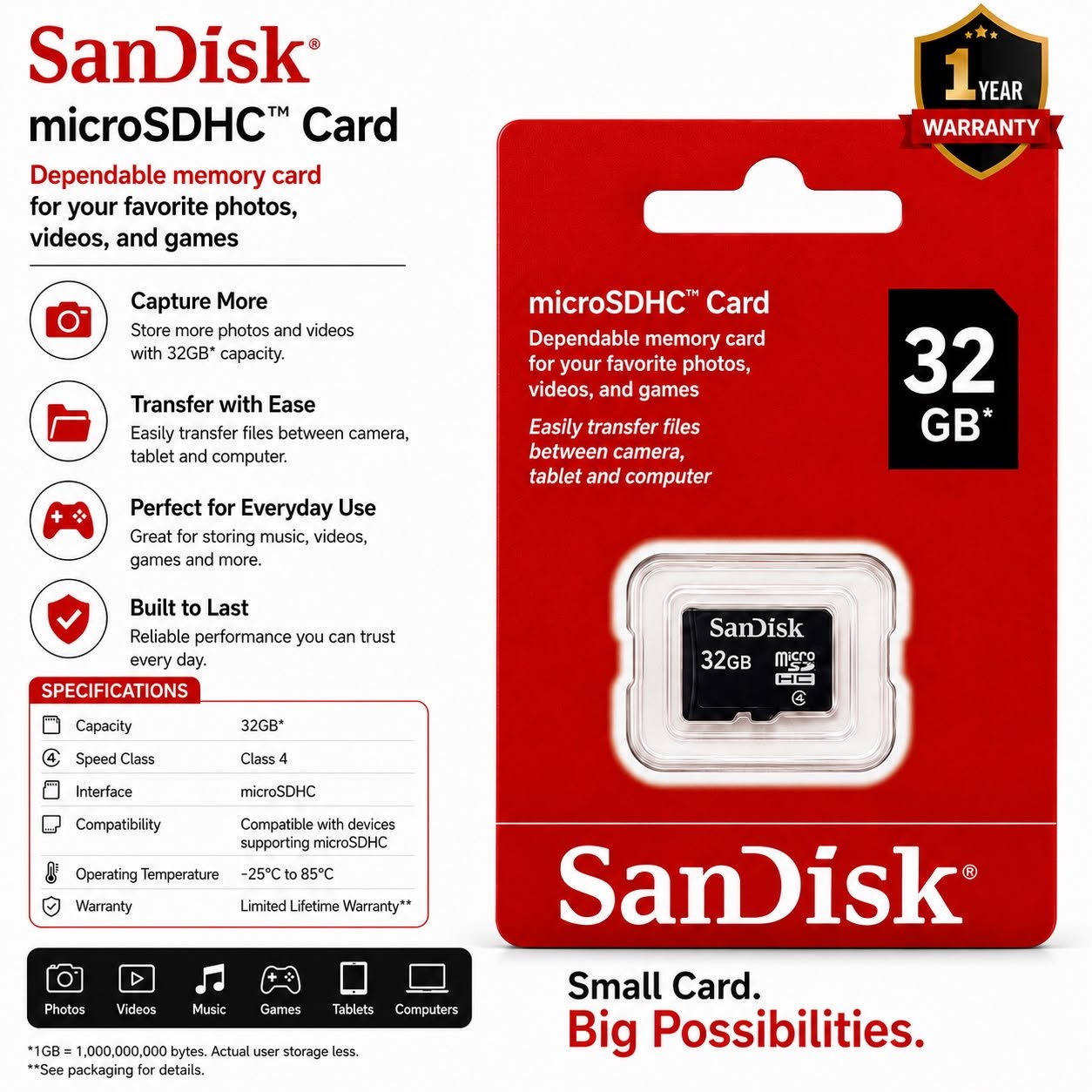 SanDisk 32Gb Memory Card ( 1 Year Warranty )