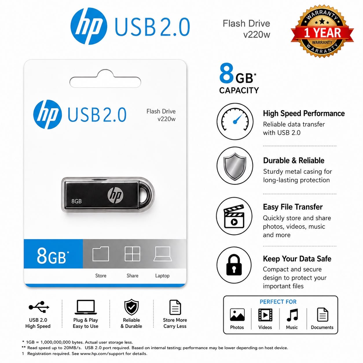 Hp 8Gb Metal Pendrive 1 Y Warranty