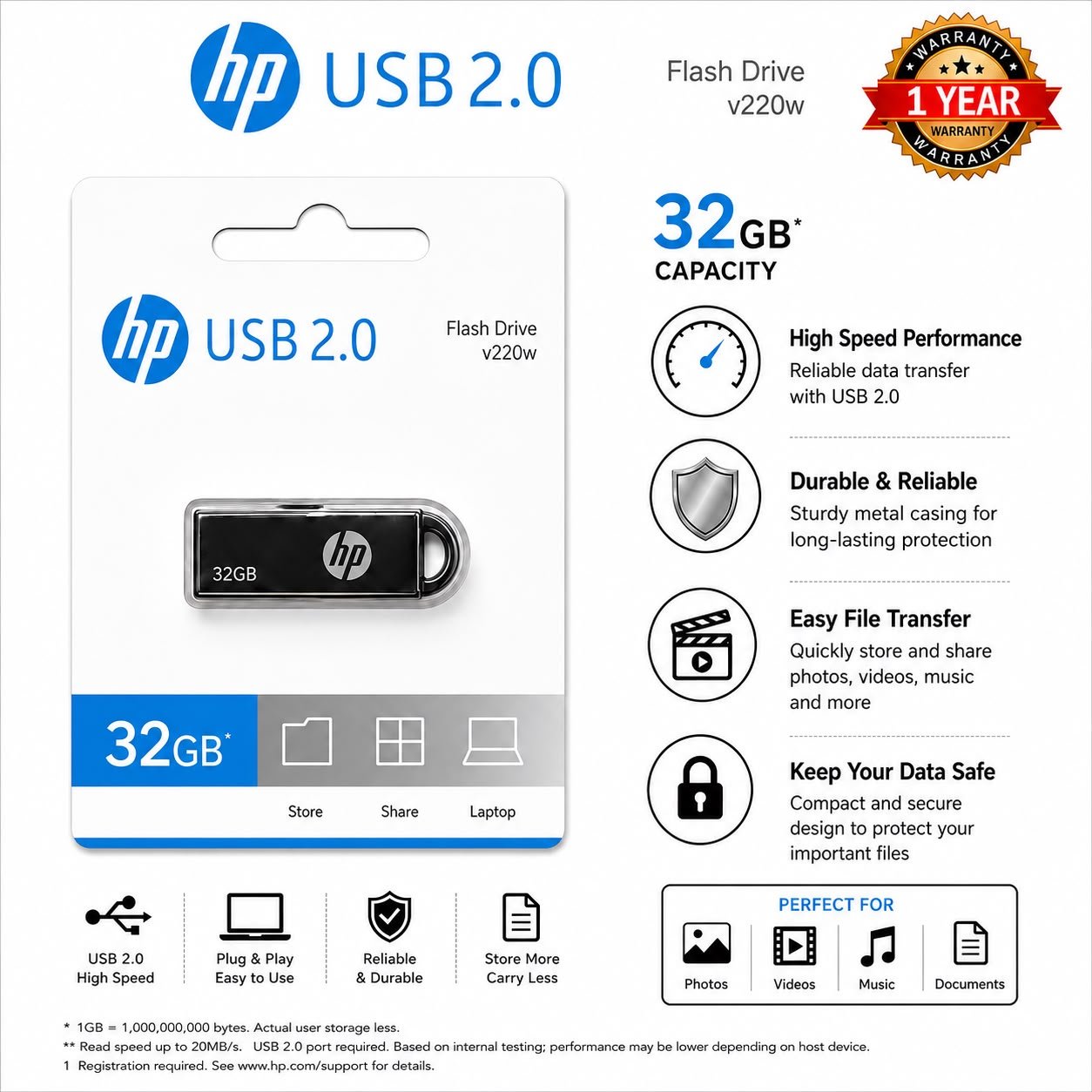 Hp 32Gb Metal Pendrive 1 Y Warranty
