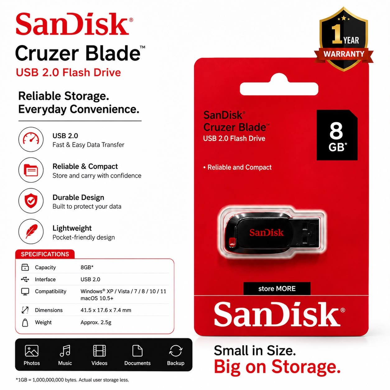 SanDisk 8GB 2.0 Pendrive 1 Year Warranty