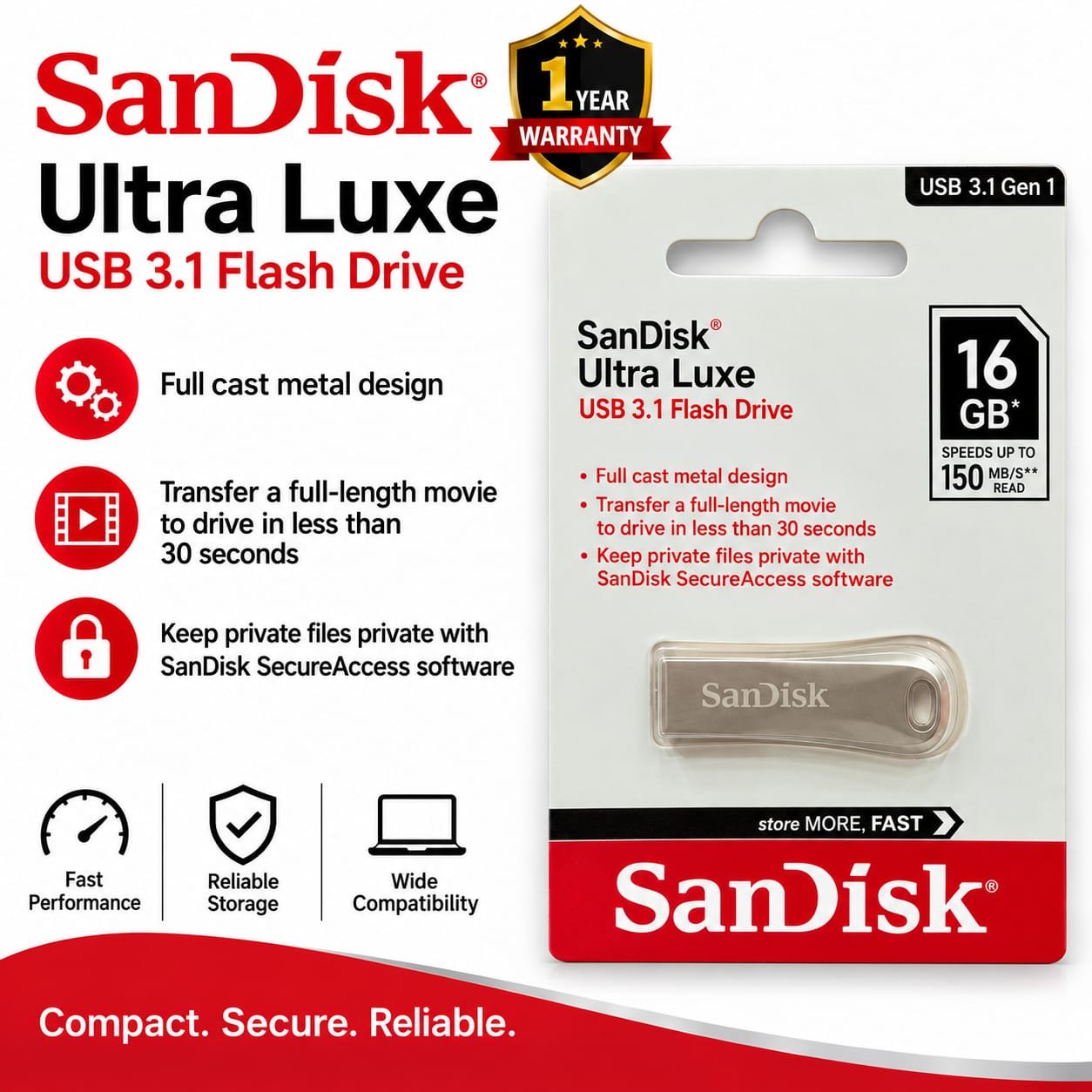SanDisk 16Gb 3.1 Ultra Luxe Pendrive 1 Y Warranty
