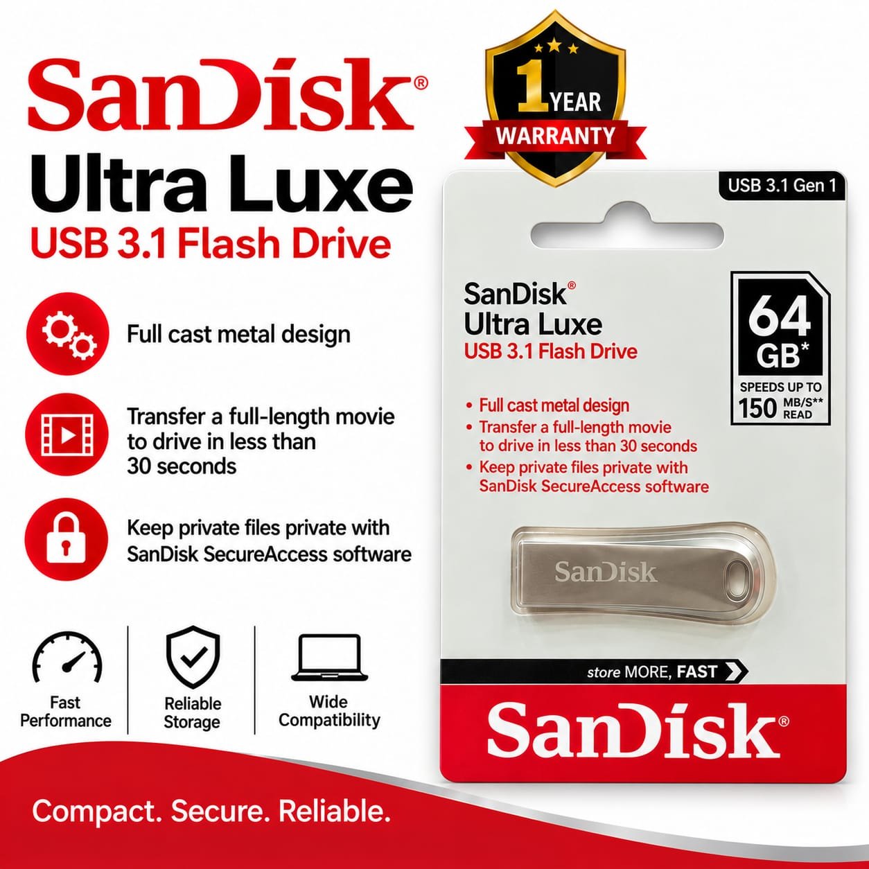 SanDisk 64Gb 3.1 Ultra Luxe Pendrive 1 Y Warranty