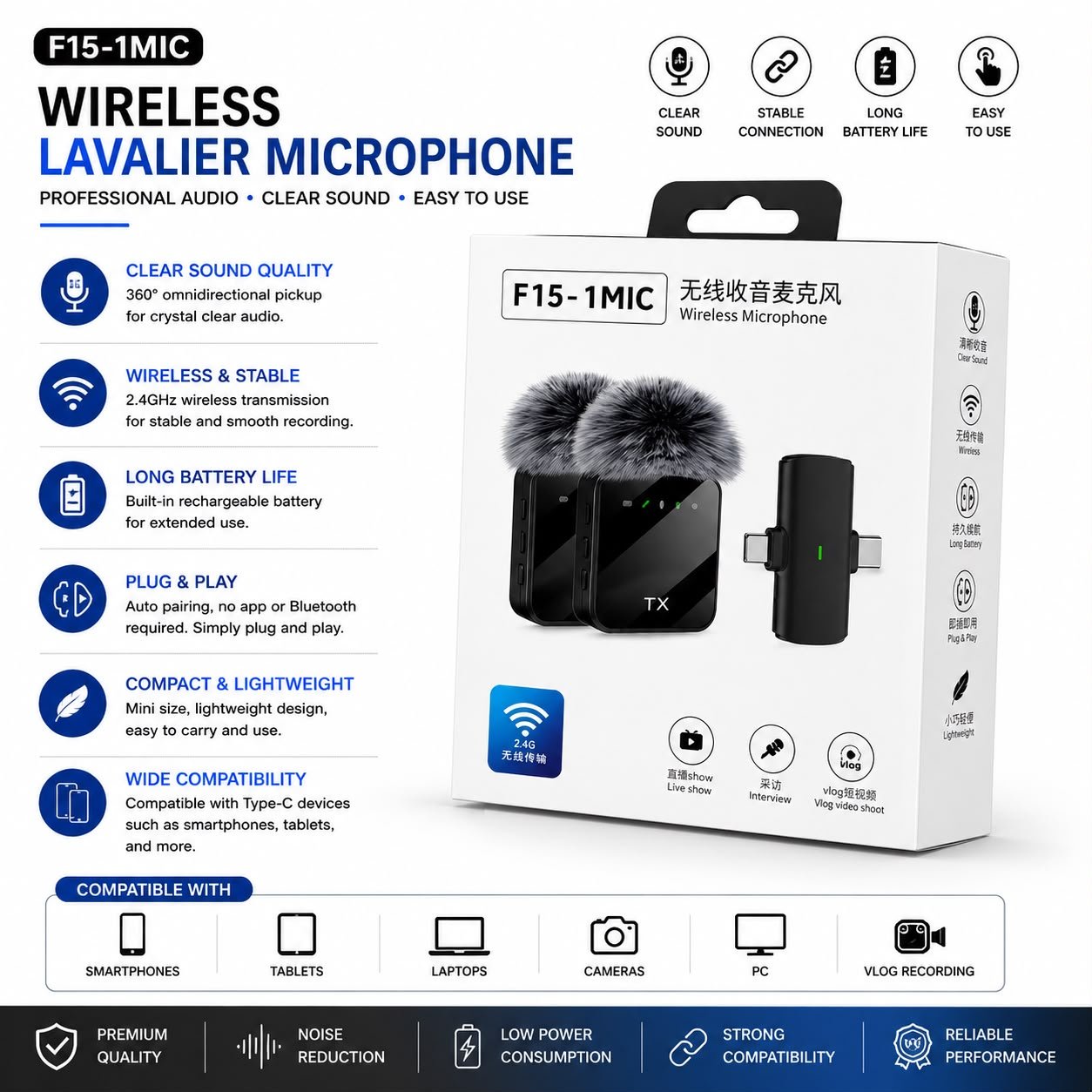 F15-1MIC Wireless Lavalier Microphone Mic