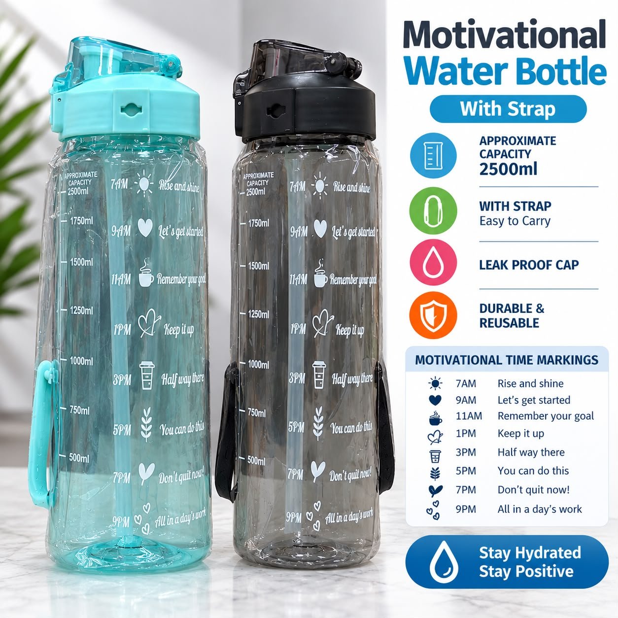 Motivational Water Bottle with Strap – 2500ml