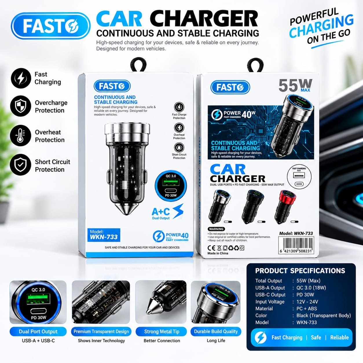 FAST 55W Dual Port PD + QC 3.0 Car Charger