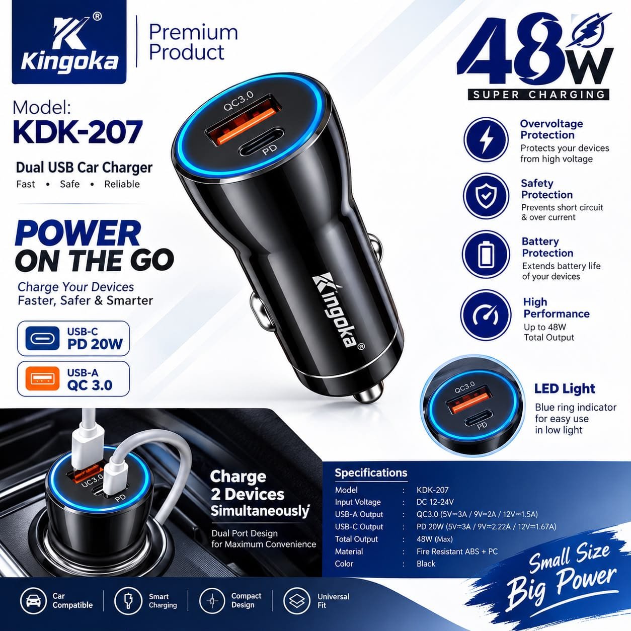 KDK 207 Kingoka 48W Dual USB Fast Car Charger