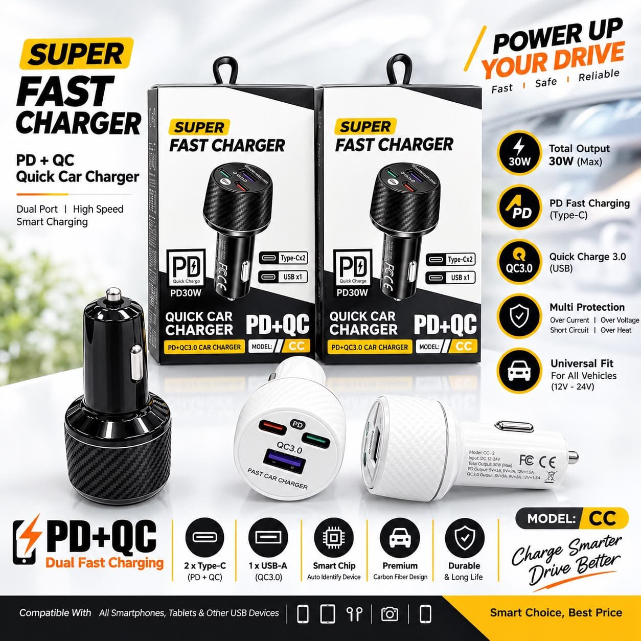 PD + QC 30W Dual Port Fast Car Adafter
